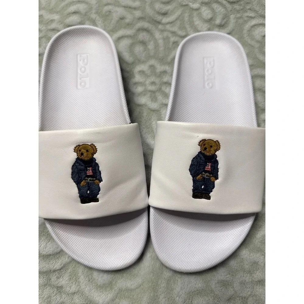 Polo RL Cayson‎ Polo Bear Slides White Unisex 8/9 Embroidered Denim Bear Preppy